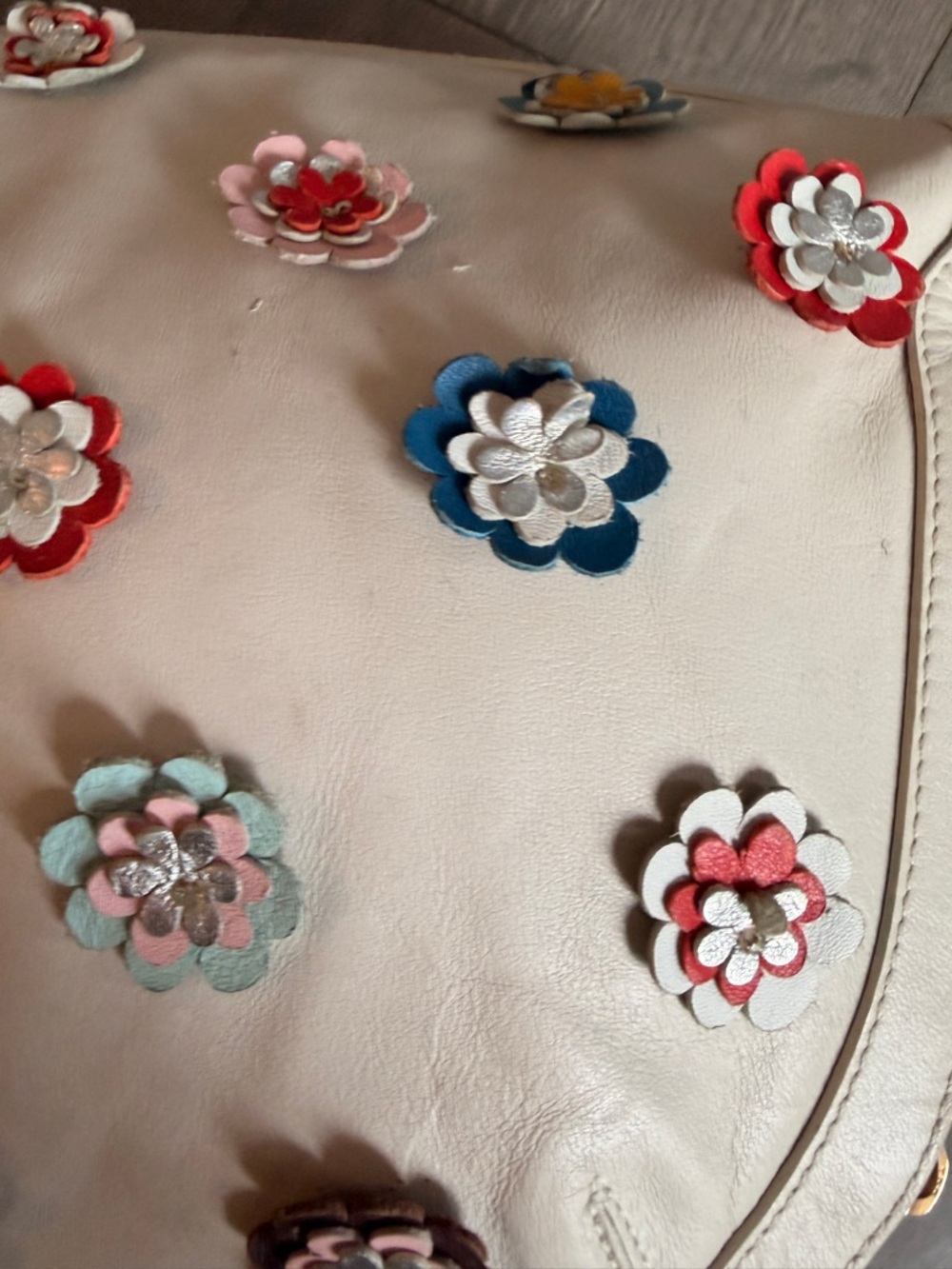 Marino Orlandi Cream Leather Backpack with Multicolor Floral Appliqués - Picture 6 of 7